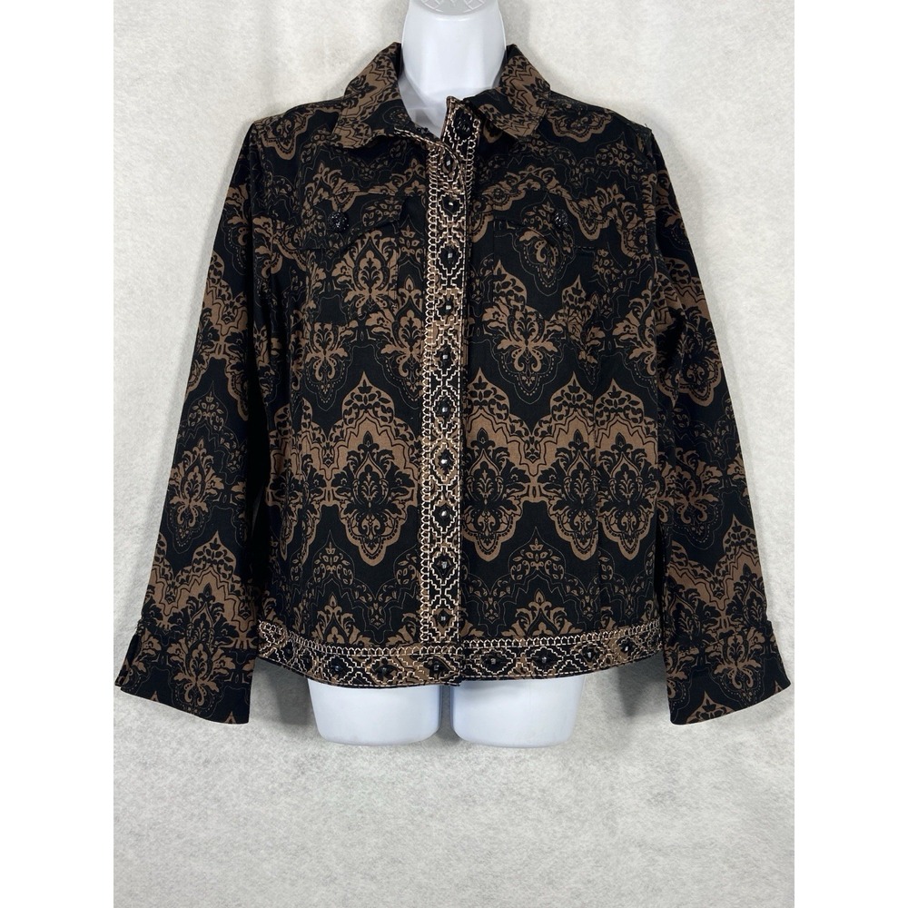 Chico's Denim Jacket Women's 2 US 12/14 Brown Artisan Print Embroidered New
